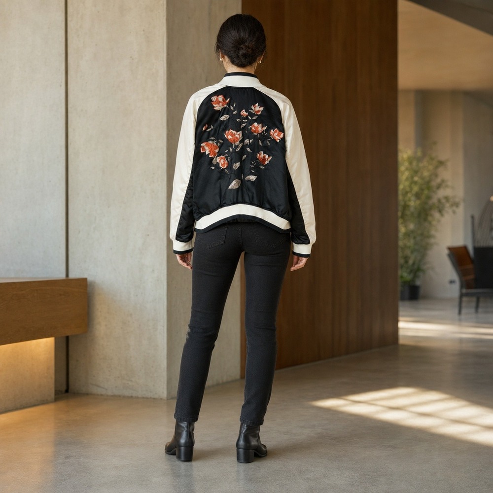 Silence + Noise Floral Embroidered Satin Bomber Jacket Black White Small